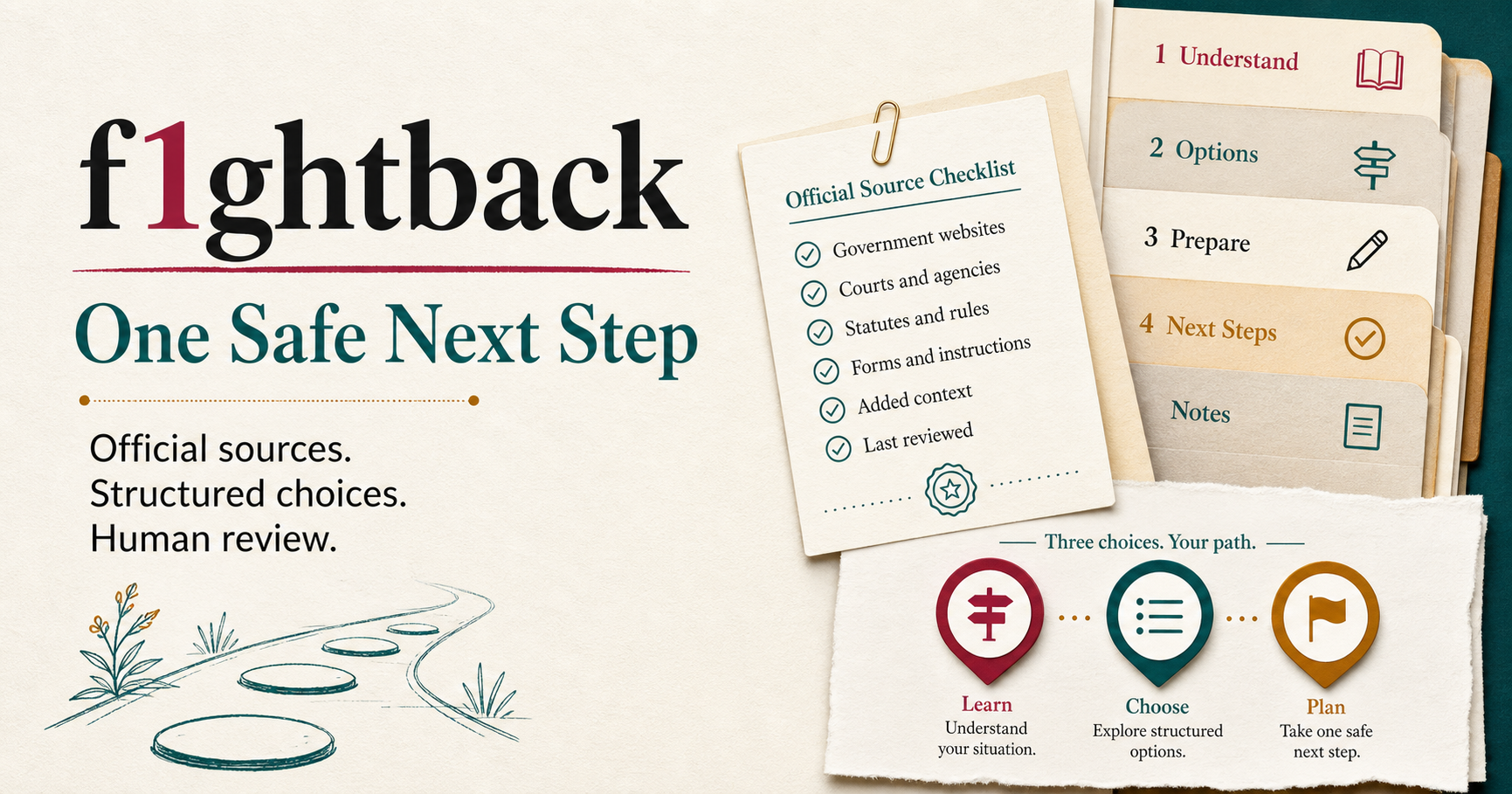 f1ghtback One Safe Next Step visual with an official source checklist and learn, choose, plan pathway